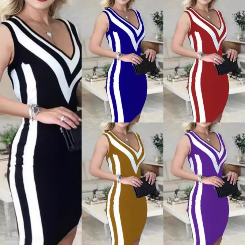 Women Fashion Contrast V-Neck Sleeveless Bodycon Dress