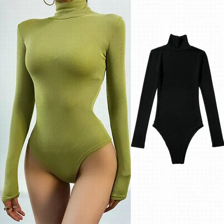 Summer Fashion Solid Color Slim Fit Turtle Neck Long Sleeve Bodysuit