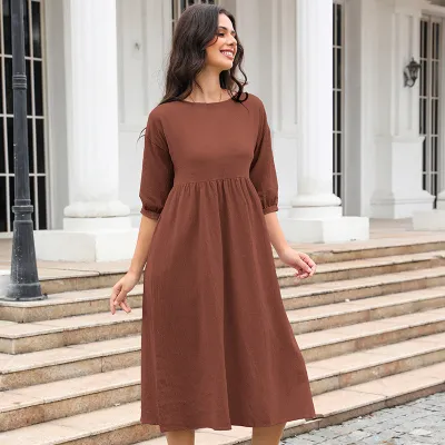 Women Casual Solid Color Cotton Midi Dress with Lantern Sleeves