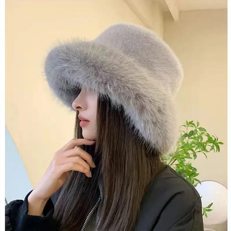 Autumn Winter Women Fashion Solid Color Rex Rabbit Hair Plush Thickened Warm Bucket Hats