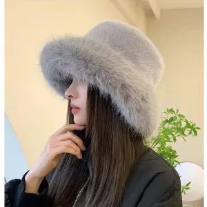 Autumn Winter Women Fashion Solid Color Rex Rabbit Hair Plush Thickened Warm Bucket Hats