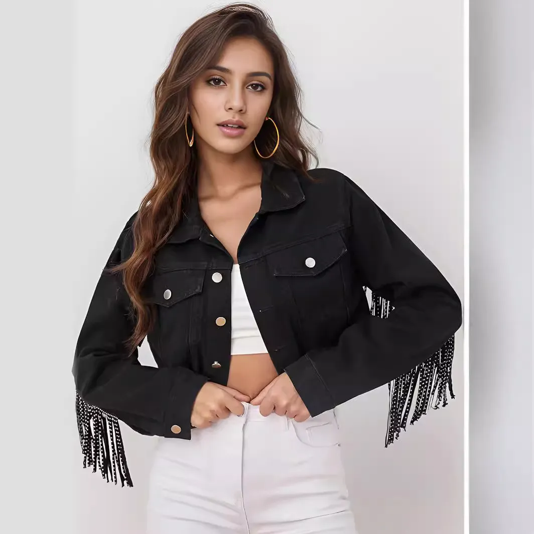 Women Fashion Fringed Crop Denim Jacket