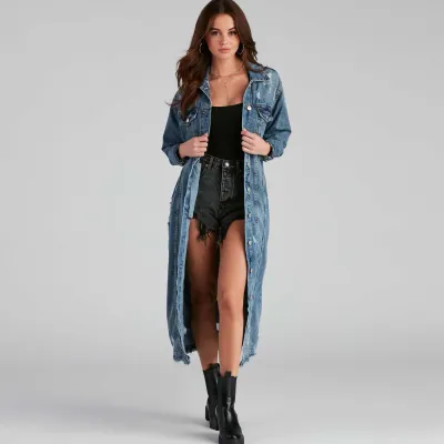 Women Fashion Rip Long Sleeve Extra Long Denim Jacket Sweet Loose Fit