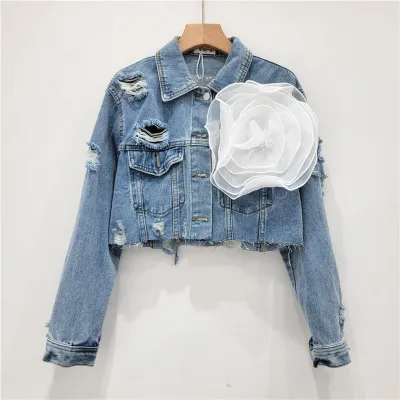 Fashion Creative Three-Dimensional Floral Personality Hole Denim Jacket