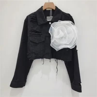 Fashion Creative Three-Dimensional Floral Personality Hole Denim Jacket