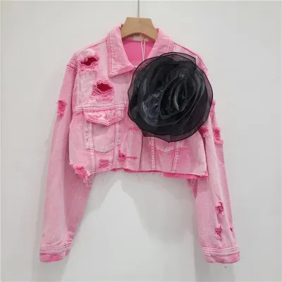 Fashion Creative Three-Dimensional Floral Personality Hole Denim Jacket