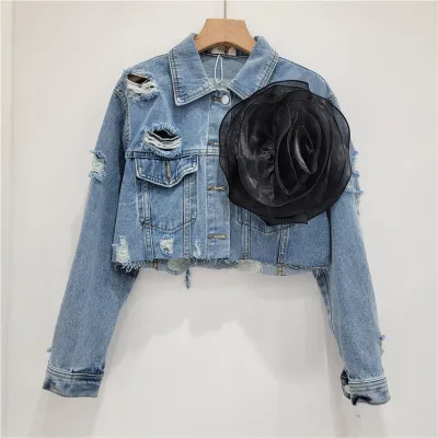 Fashion Creative Three-Dimensional Floral Personality Hole Denim Jacket