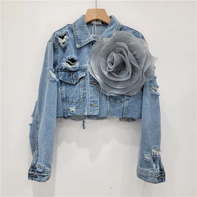 Fashion Creative Three-Dimensional Floral Personality Hole Denim Jacket