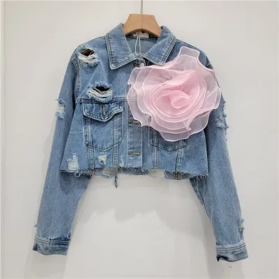Fashion Creative Three-Dimensional Floral Personality Hole Denim Jacket