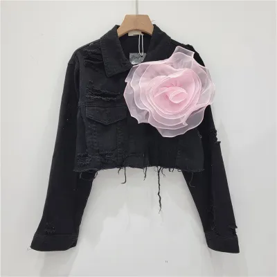Fashion Creative Three-Dimensional Floral Personality Hole Denim Jacket