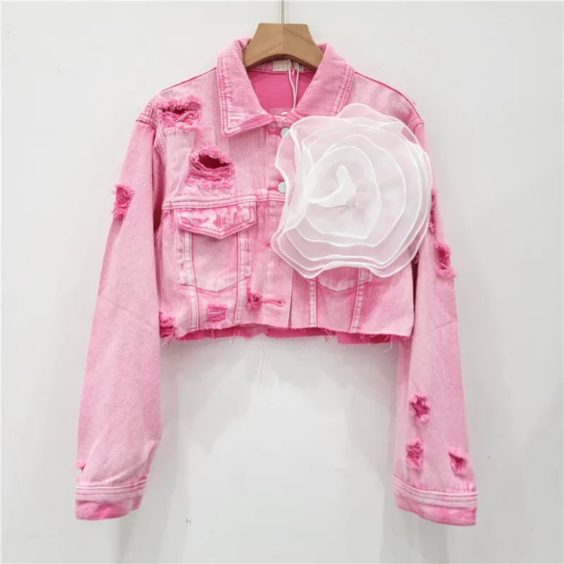 Fashion Creative Three-Dimensional Floral Personality Hole Denim Jacket