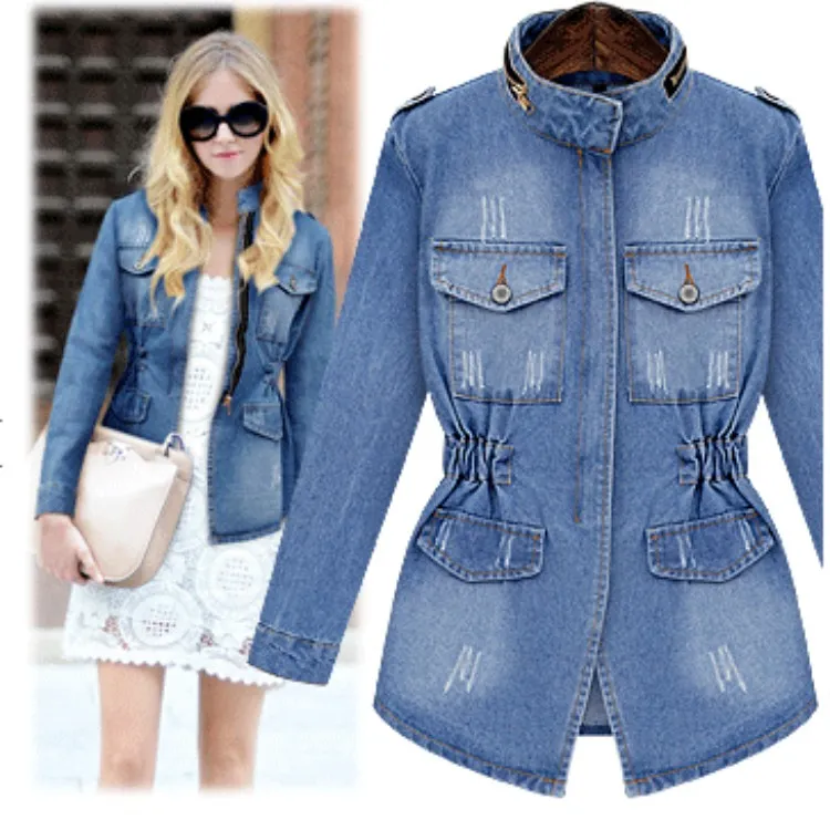 Women Fashion Stand Collar Extra Long Denim Jacket Sweet Cotton