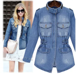Women Fashion Stand Collar Extra Long Denim Jacket Sweet Cotton