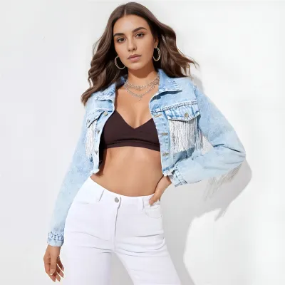 Women Fringed Crop Denim Jacket Street Hipster