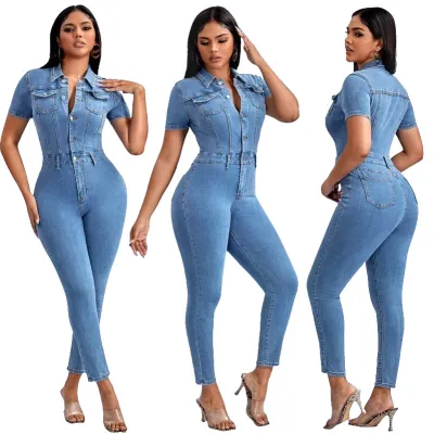 Women Short-Sleeved Single-Breasted Denim Jumpsuit