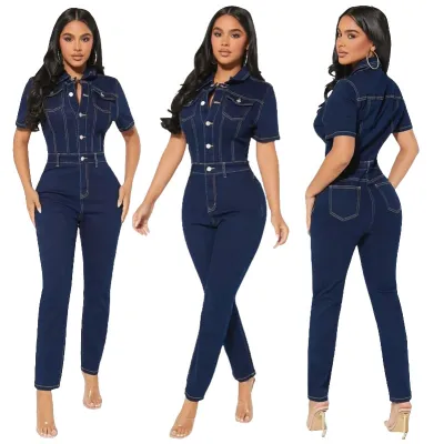 Women Short-Sleeved Single-Breasted Denim Jumpsuit