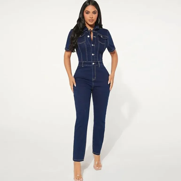 Women Short-Sleeved Single-Breasted Denim Jumpsuit