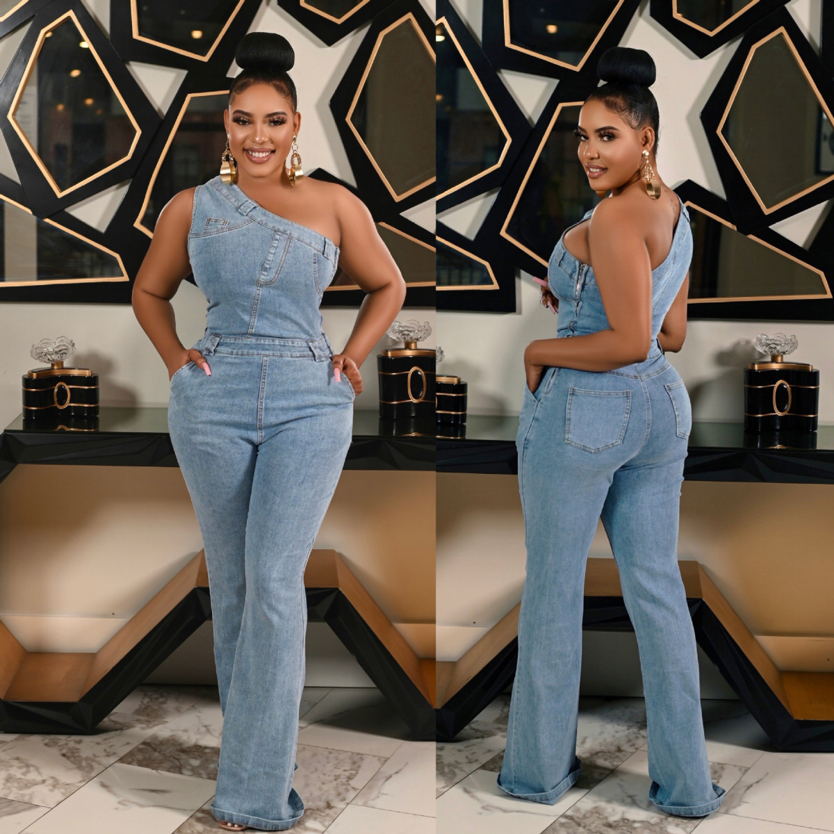 Wholesale Women Sexy Slanted Shoulder Stretch Denim Jumpsuit