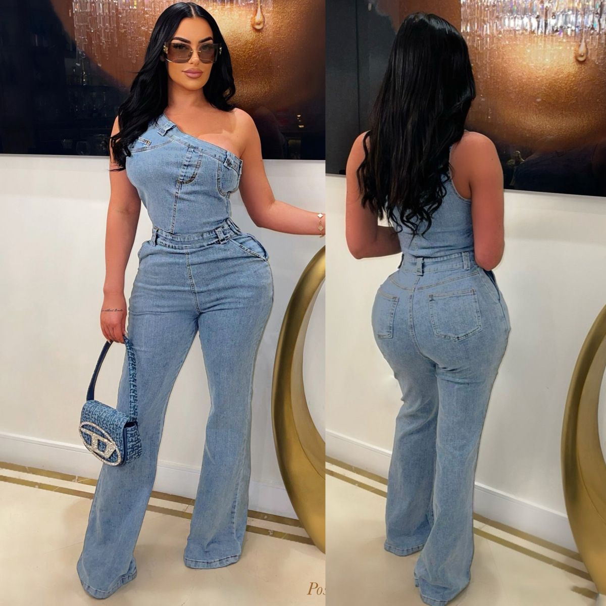 Wholesale Women Sexy Slanted Shoulder Stretch Denim Jumpsuit