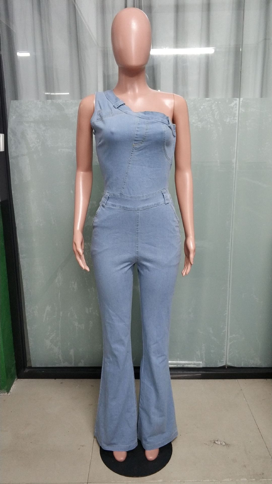 Wholesale Women Sexy Slanted Shoulder Stretch Denim Jumpsuit Wholesale Women Sexy Slanted Shoulder Stretch Denim Jumpsuit