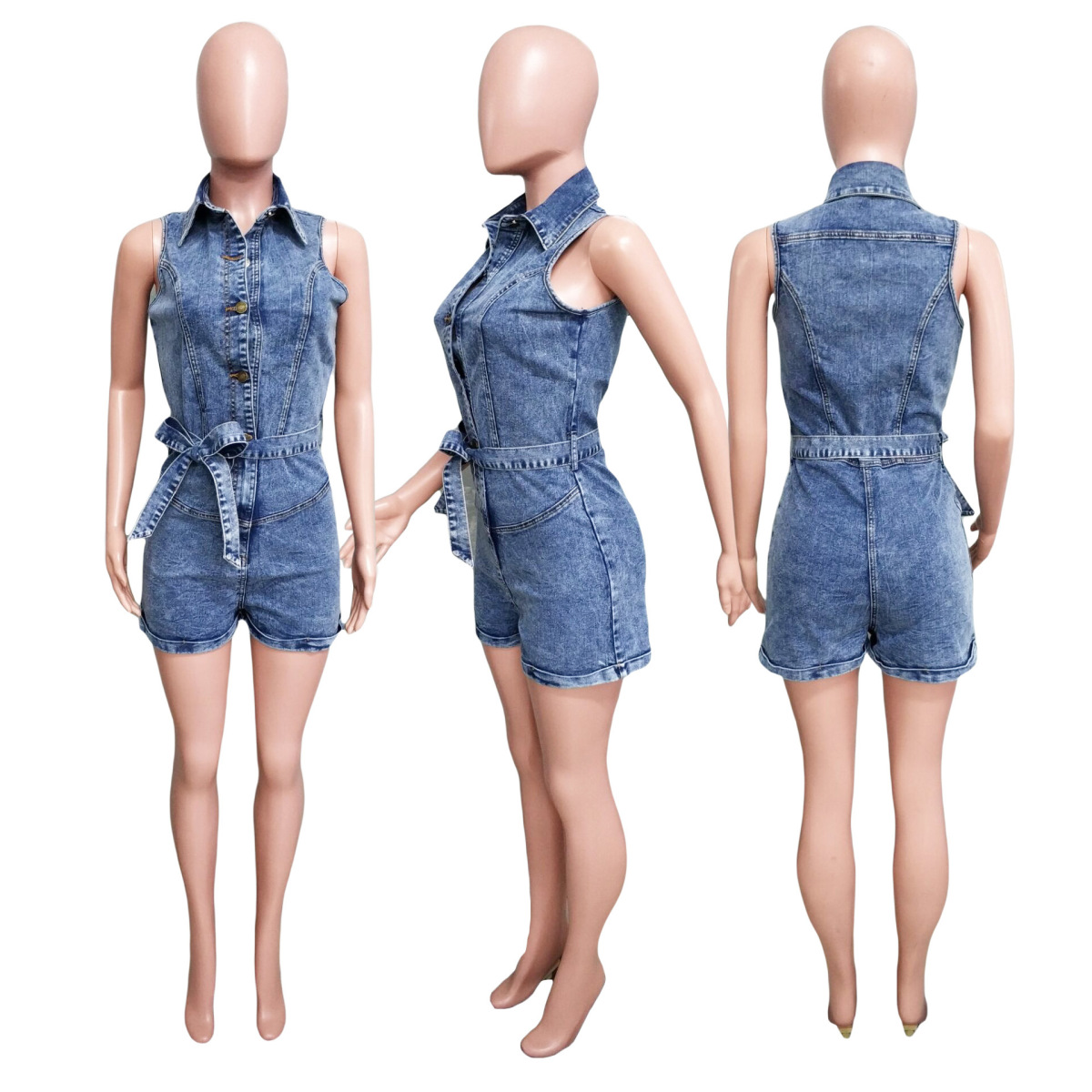 Wholesale Women Fashion Sleeveless Single Breasted Denim Rompers
