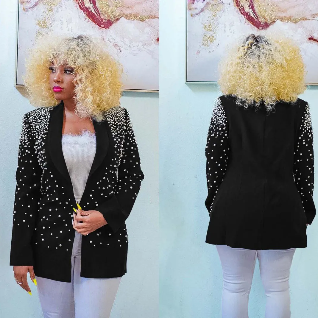 Women's Elegant Solid Color Bead Laps Long Sleeve Blazer Jacket