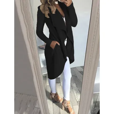 Women Slim Fit Lapel Long Sleeve Coat Jacket Solid Color Commuter Wind