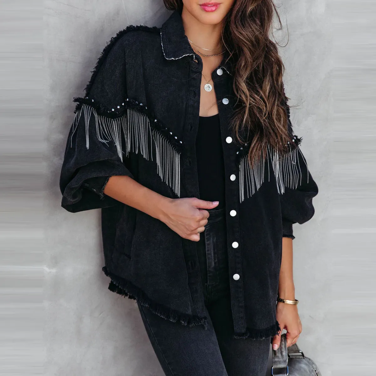 Women Denim Jacket with Rivet Tassel Long Sleeve Loose Fit