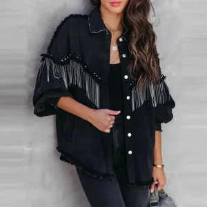 Women Denim Jacket with Rivet Tassel Long Sleeve Loose Fit