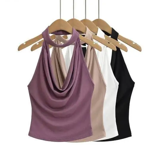 Women Summer Solid Color Halter Neck Crop Top