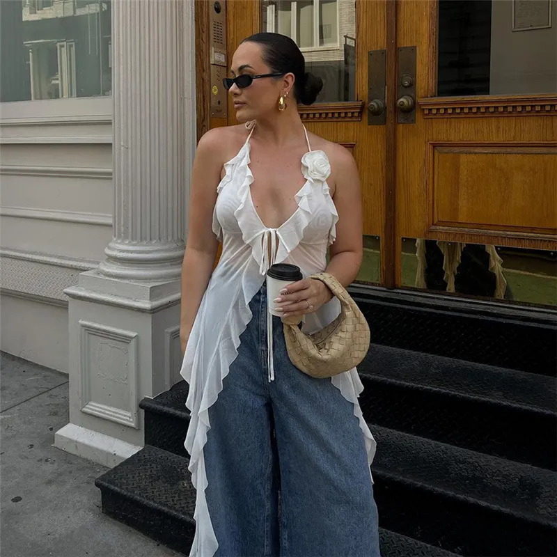 Summer Women Sexy Halter Neck Mesh Tank Top