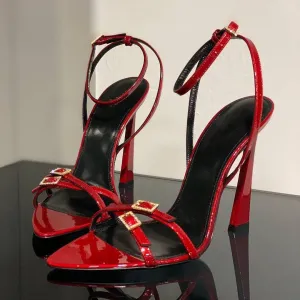Summer Women Fashion Sexy Pointed Toe Rhinestone Strap High Heel Patent Leather Sandals