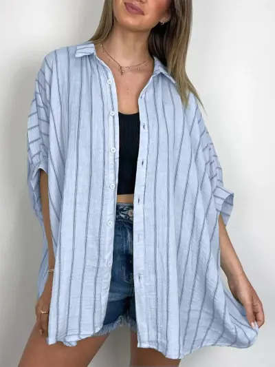 Women Casual Stripe Printed Loose Blouses Cardigan