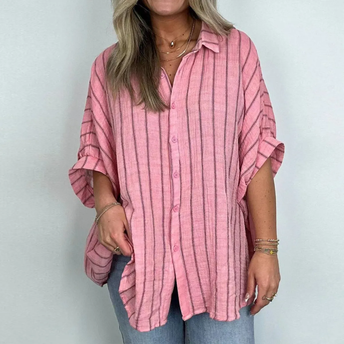 Women Casual Stripe Printed Loose Blouses Cardigan