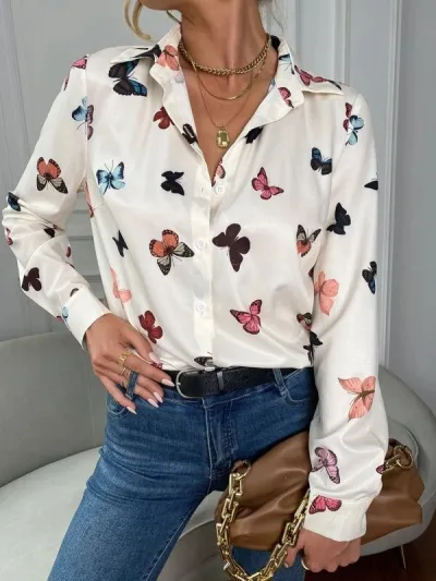 Women Fashion Butterfly Print Long Sleeve Cardigan Blouses