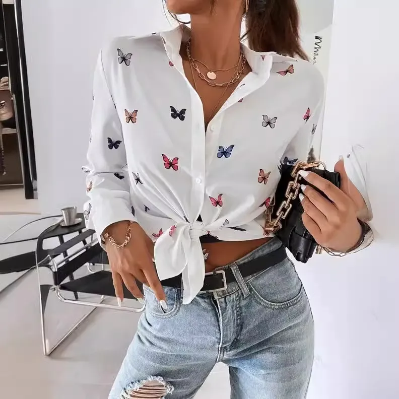 Women Fashion Butterfly Print Long Sleeve Cardigan Blouses