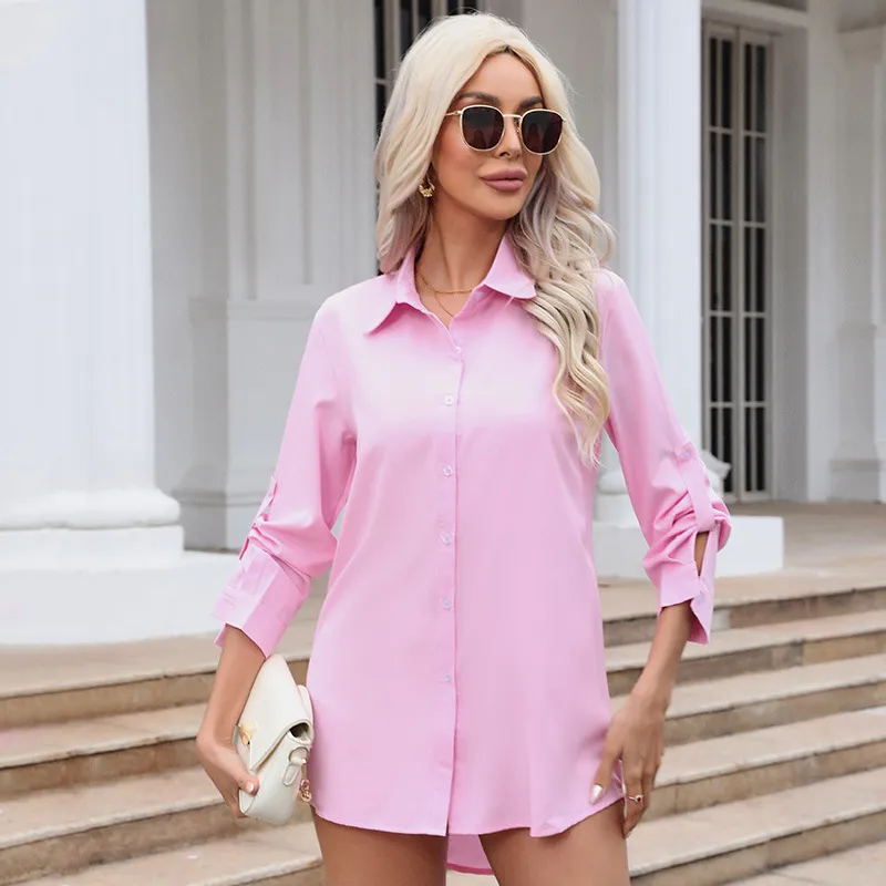Women Fashion Solid Color Lapel Long Sleeve Cardigan Blouses