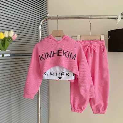 Girls Fashion Letter Print Waffle Hoodie and Pants Three-Piece Set Pullover
