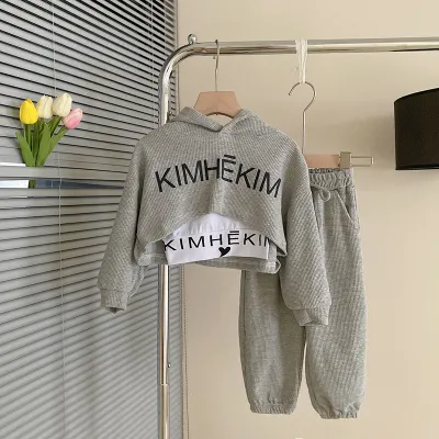 Girls Fashion Letter Print Waffle Hoodie and Pants Three-Piece Set Pullover