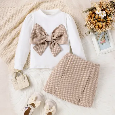 Autumn And Winter Girls Fashion Bow Top And Skirt Two-Piece Set