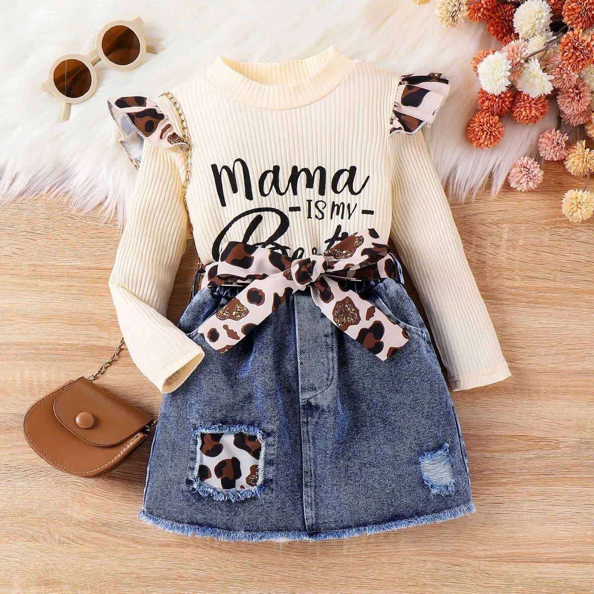 Autumn Winter Girls Leopard Ruffled Top Denim Skirt Two-Piece Set Pullover