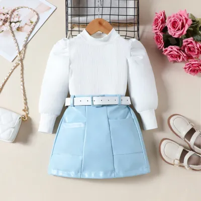 Girls Autumn Winter PU Leather Skirt Set Puff Sleeve Top Three-Piece