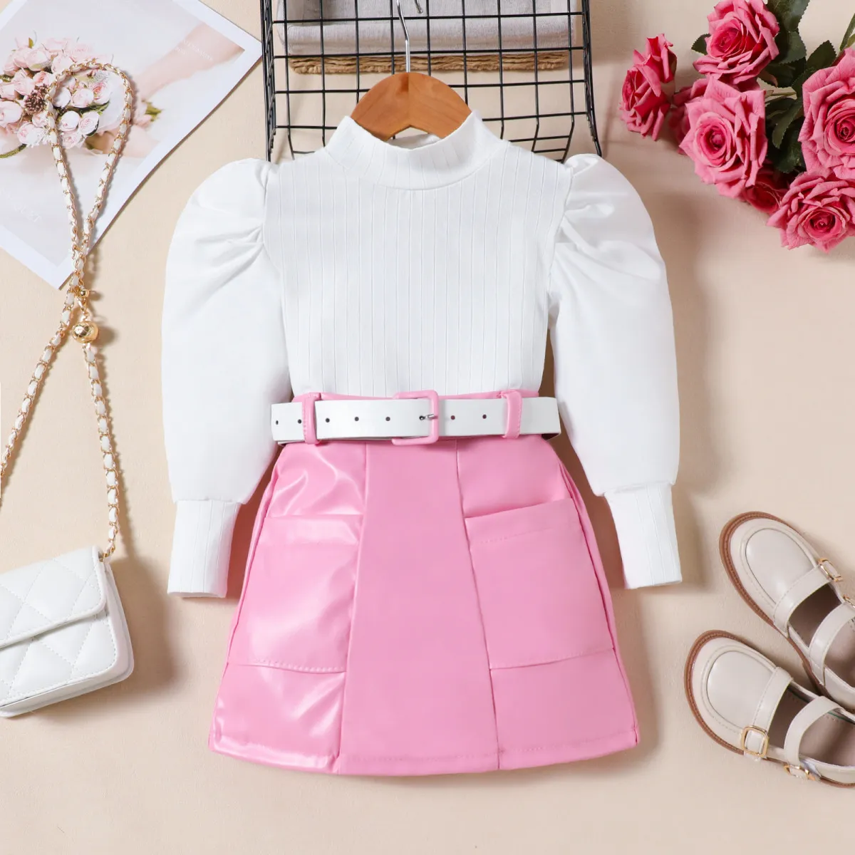 Girls Autumn Winter PU Leather Skirt Set Puff Sleeve Top Three-Piece