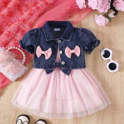 Girl'S Fashion Bow Denim Coat And Mesh Dress Two-Piece Set