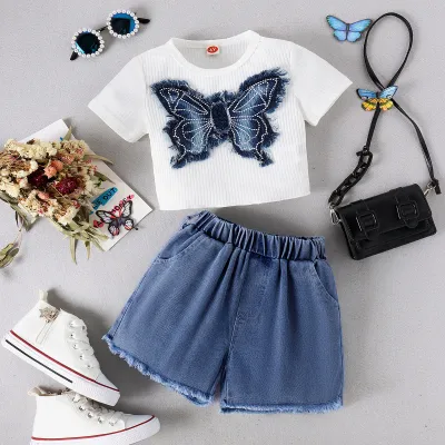 Girl'S Fashion Butterfly Patch Top And Denim Shorts Two-Piece Set