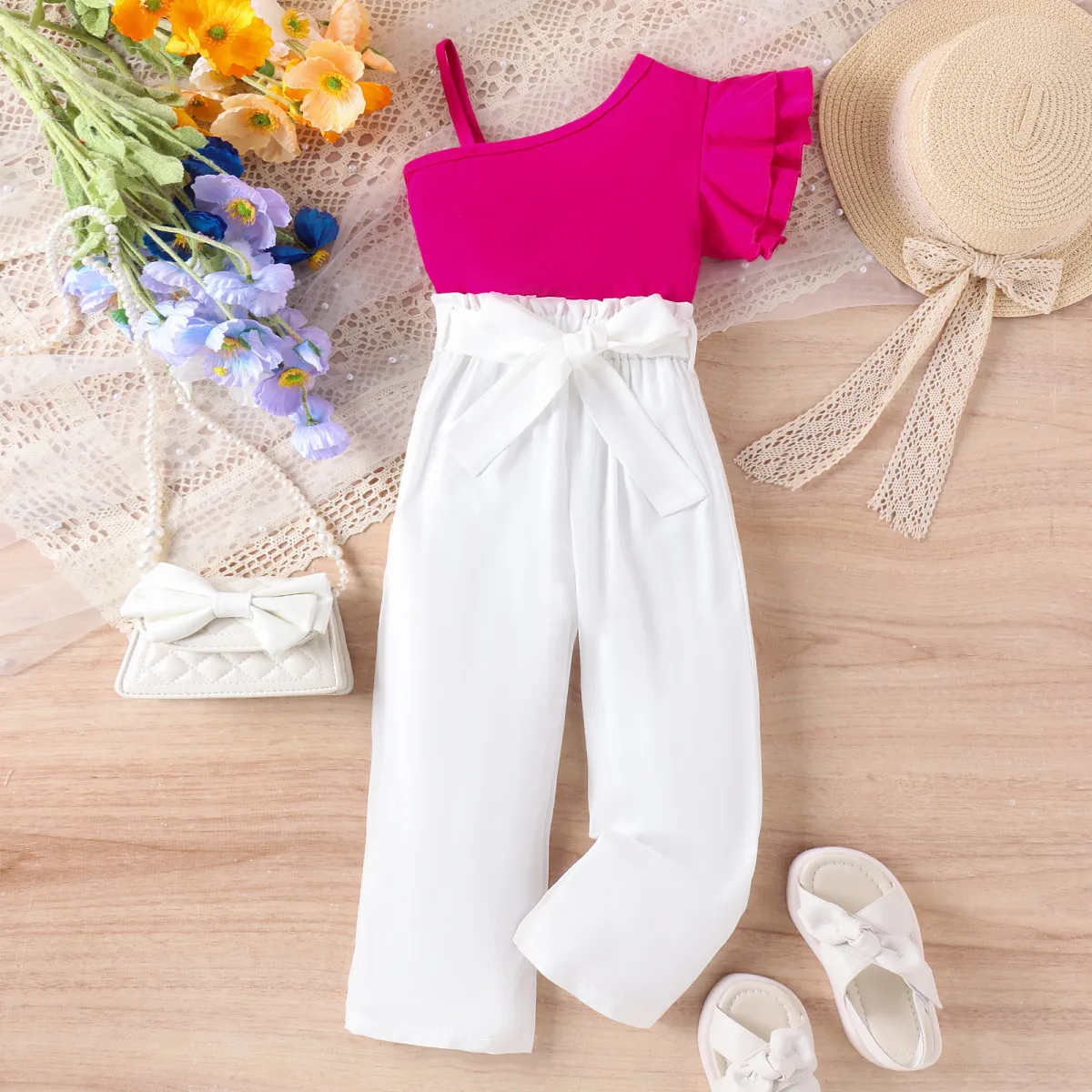 Girl Fashionable Solid Color Shoulder Strap Top and Pants Two-Piece Set Sleeveless Pullover