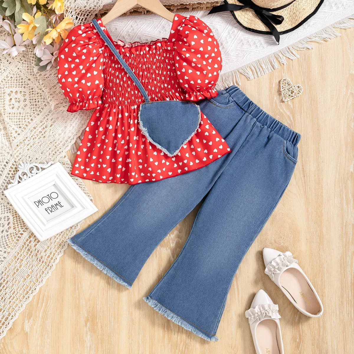 Girls' Heart-Shaped Printed Bubble Sleeve Top And Jeans Bag Three-Piece Set Short Sleeve Pullover Cotton Solid Color Long Pants
