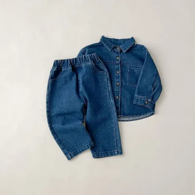 Girls Fashion Solid Color Denim Two-Piece Set Long Sleeve Cotton Pants Outfit