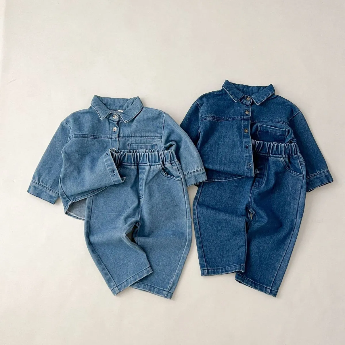 Girls Fashion Solid Color Denim Two-Piece Set Long Sleeve Cotton Pants Outfit
