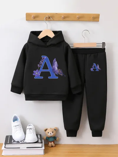 Girl's Winter Sweet Letter Print Fleece-Lined Hoodie and Pants Two-Piece Set